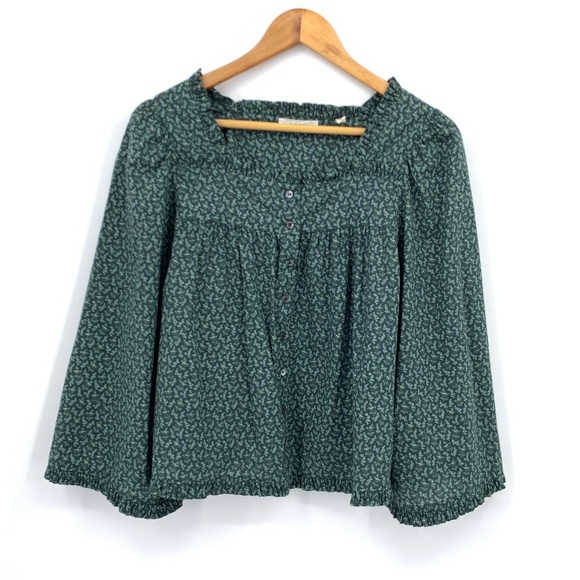 Doen Tops - DOEN EMERALD GREEN DITSY FLORAL RUFFLE SQUARE HEM WIDE OVERSIZED SLEEVE BLOUSE